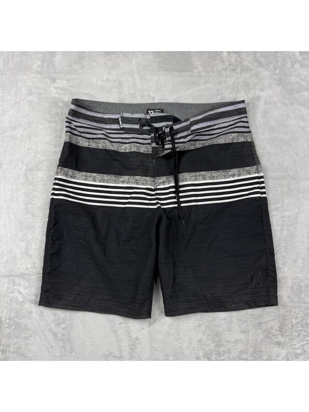 Hurley Phantom Board Shorts Black Gray Striped Swim Shorts Men 32 Unlined Summer